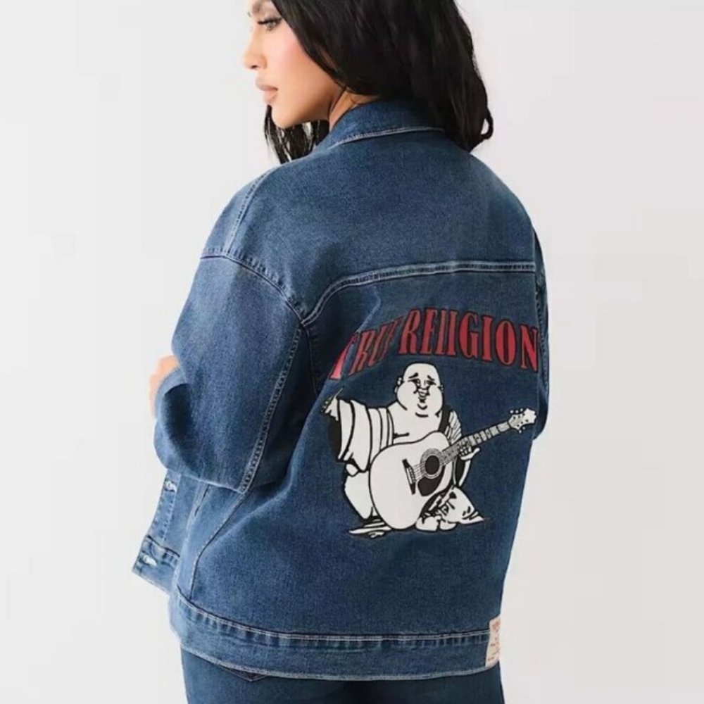 True Religion Printed Oversized Denim Jacket with Graphic Logo